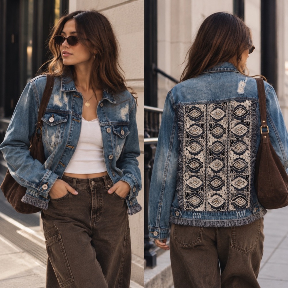 JAASE Women’s Embroidered Boho Distressed Fringe Denim Jacket - XS